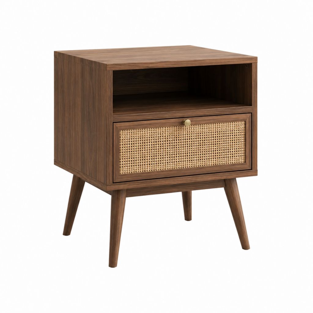 Nachttisch Walnussfarben aus MDF mit Walnussfurnier und Rattan rechteckig 45 x 35 x 60 cm