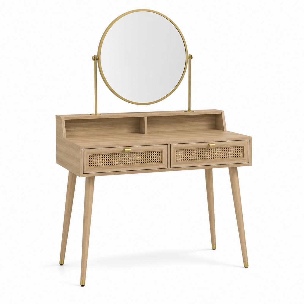 Schminktisch mit rundem Spiegel Eichenoptik Rattangeflecht 80 x 40 x 130 cm
