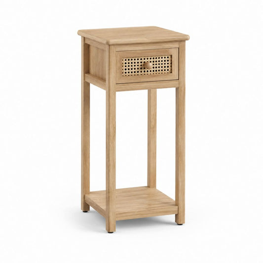 Nachttisch aus massiver Eiche Natur mit Rattangeflecht Schublade und Ablage rechteckig 40 x 35 x 75 cm