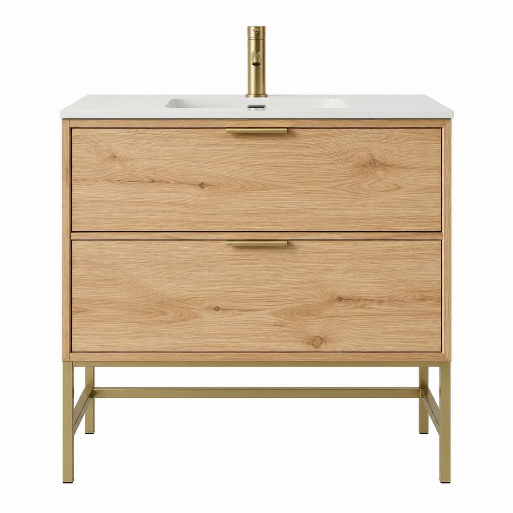 Waschtischunterschrank Set mit Waschbecken Eichenfurnier Weiß Messingfarben rechteckig 80 x 46 x 85 cm