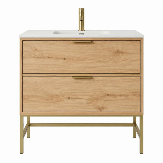 Waschtischunterschrank Set mit Waschbecken Eichenfurnier Weiß Messingfarben rechteckig 80 x 46 x 85 cm