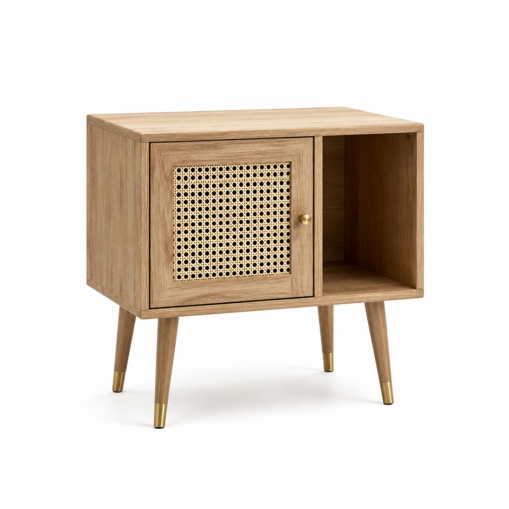 Nachttisch mit Tür und offenem Fach Naturbraun MDF Eichenfurnier Rattan rechteckig 60 x 40 x 65 cm