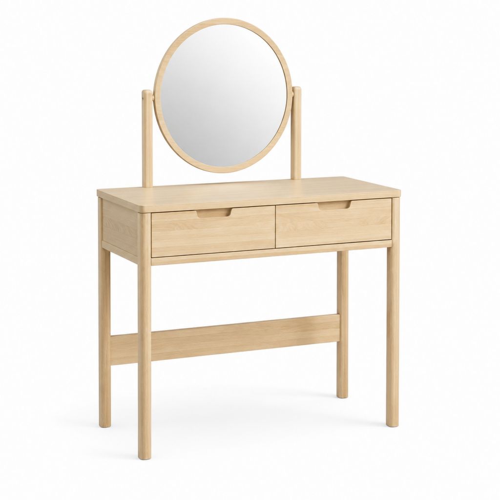 Schminktisch mit rundem Spiegel Natur Massivholz 80 x 40 x 140 cm mit 2 Schubladen