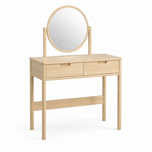 Schminktisch mit rundem Spiegel Natur Massivholz 80 x 40 x 140 cm mit 2 Schubladen