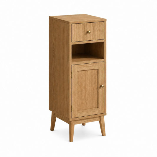 Badezimmer Hochschrank Eichefarben aus MDF rechteckig mit Schublade und Tür 40 x 35 x 120 cm