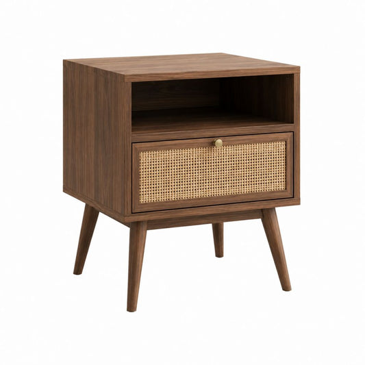 Nachttisch Walnussfarben aus MDF mit Walnussfurnier und Rattan rechteckig 45 x 35 x 60 cm