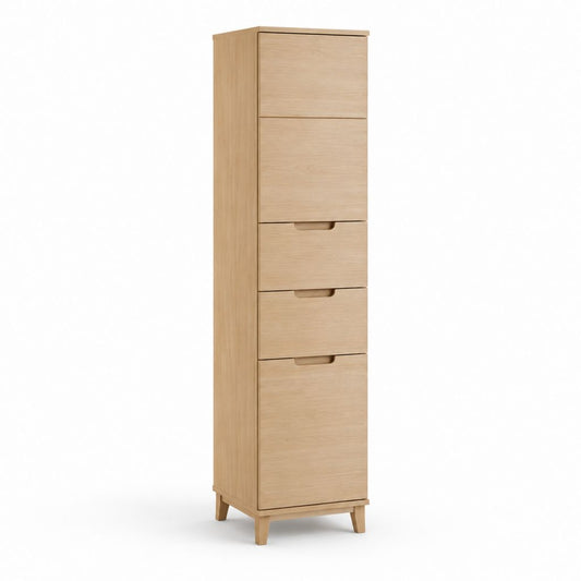 Badezimmer Hochschrank Eiche hell MDF 40 x 35 x 180 cm mit 2 Türen und 3 Schubladen